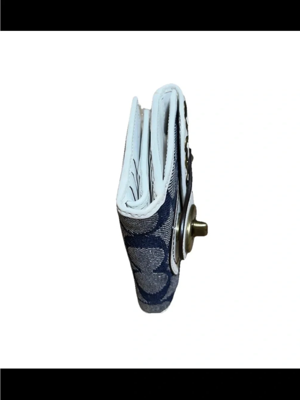 Coach Legacy Bi-Fold Wallet, Signature Denim, White Laced Leather, Brass